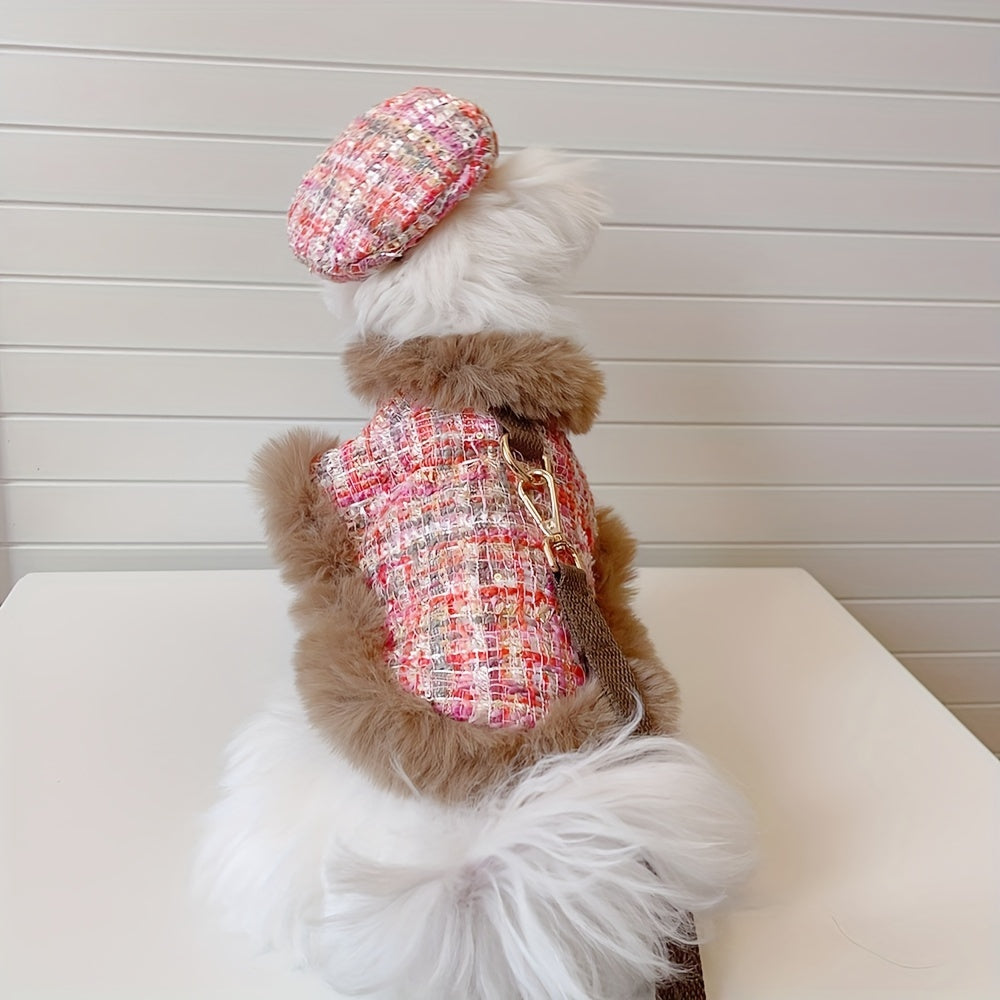 Luxury Dog Clothes, Spring And Autumn Plaid Cape With Leash And Beret Set For Dog, Coat Basic And Chic Tweed Fabric, Chest Adjustable, Pet Clothes