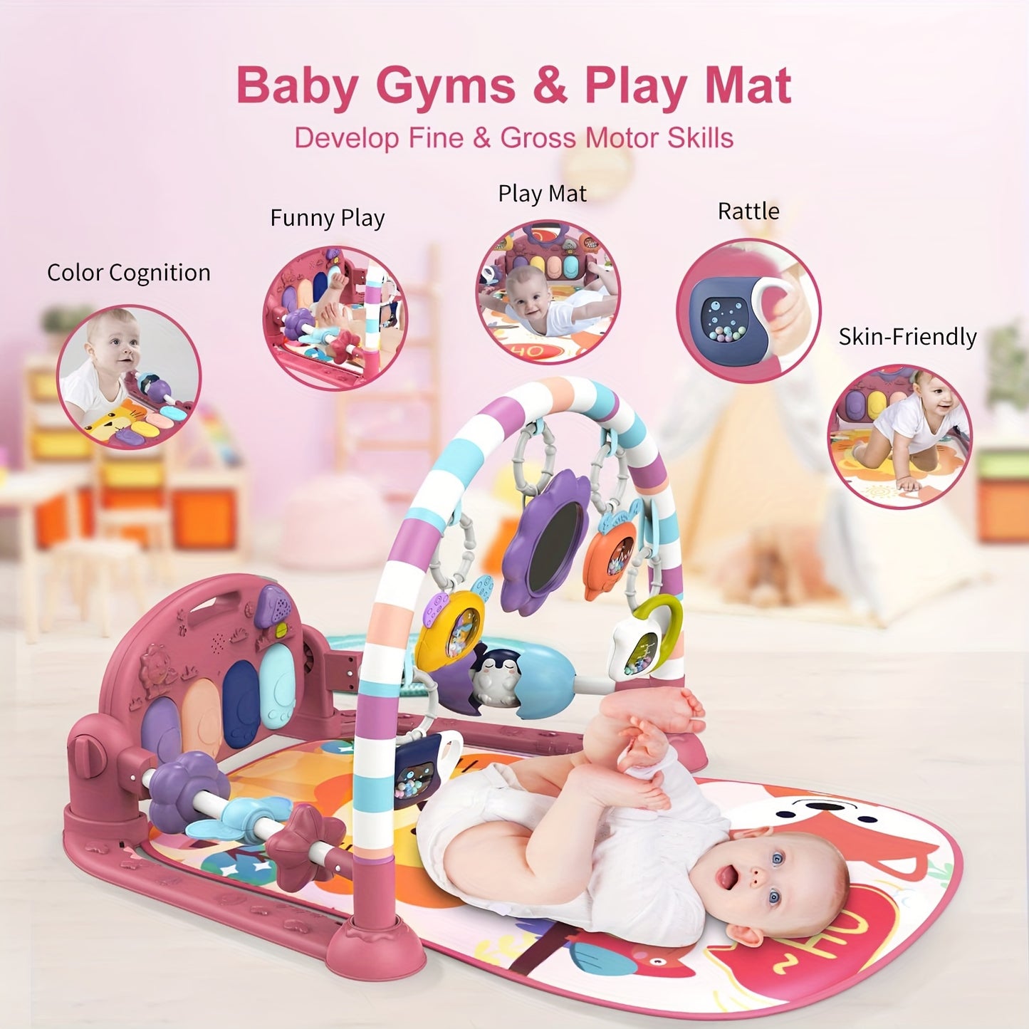 Baby Play Mat Baby Gym, Funny Play Piano Tummy Time Baby Activity Mat With 5 Infant Sensory Baby Toys, Music And Lights Boy & Girl Gifts For Newborn Baby 0 To 3 6 9 12 Months (New Pink)