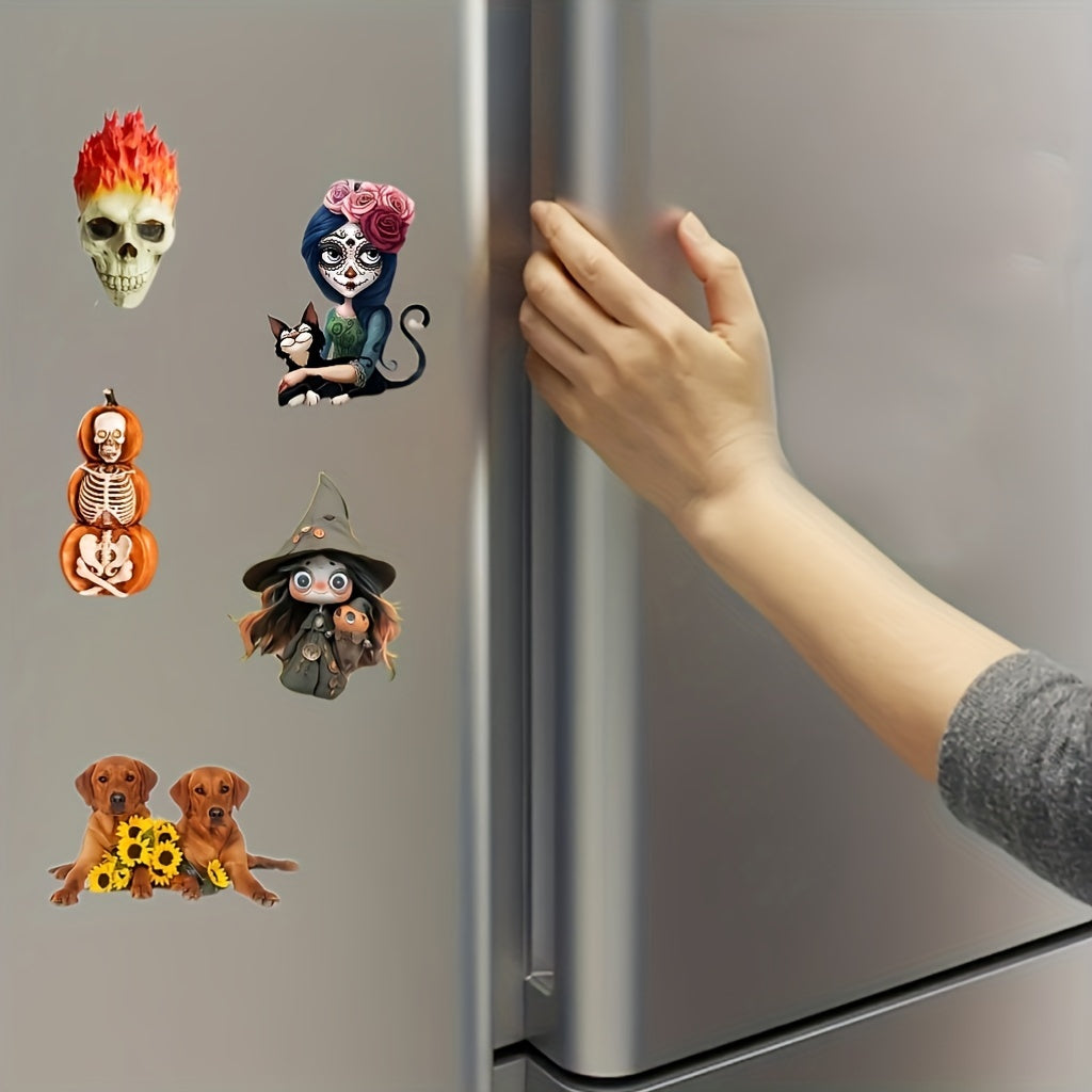 Halloween & Christmas Decorations Acrylic Magnets Set of 5 - Flame Skull, Dogs with Sunflowers, Witch Mushroom, Pumpkin, and Black Cat - No Battery Required, Perfect for Refrigerator, Office & Home