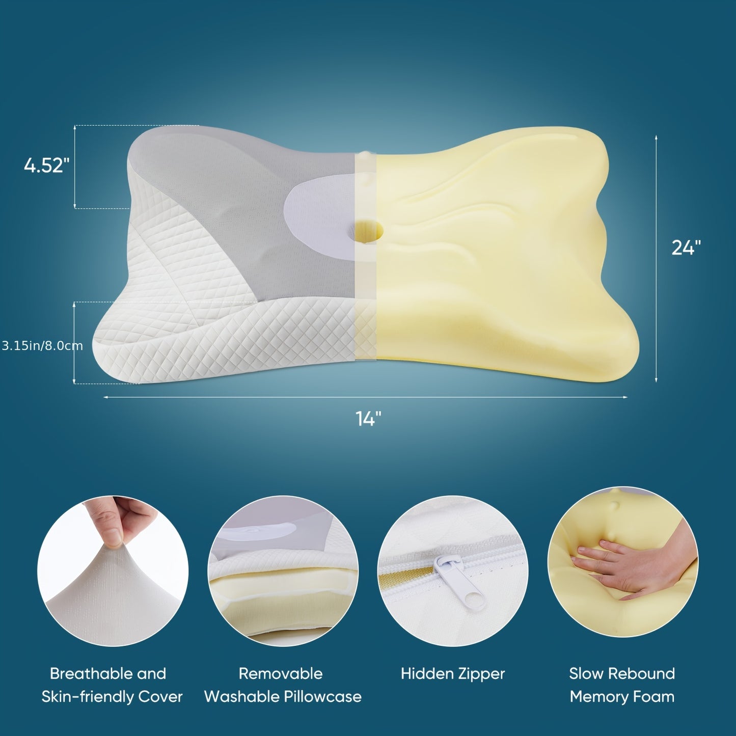 Cervical Neck Pillow, Ergonomic Contour Neck Pillows for Neck Pain Relief, Memory Foam Orthopedic Bed Pillow for Side Back Stomach Sleeper, Neck Pillow with Cooling Pillowcase