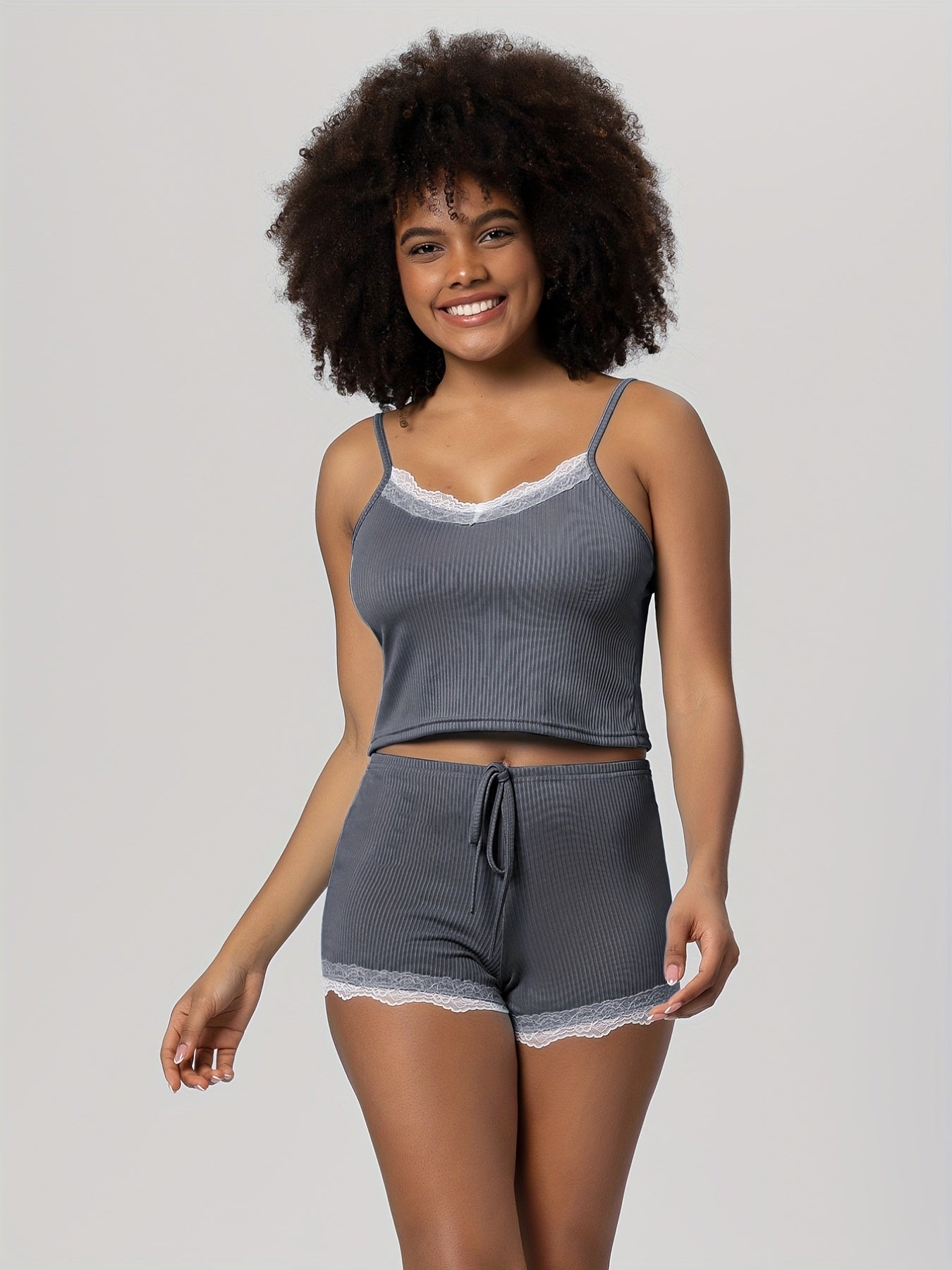 Contrast Lace Pajama Set, Sleeveless Cami Top & Elastic Waistband Shorts, Women's Sleepwear & Loungewear