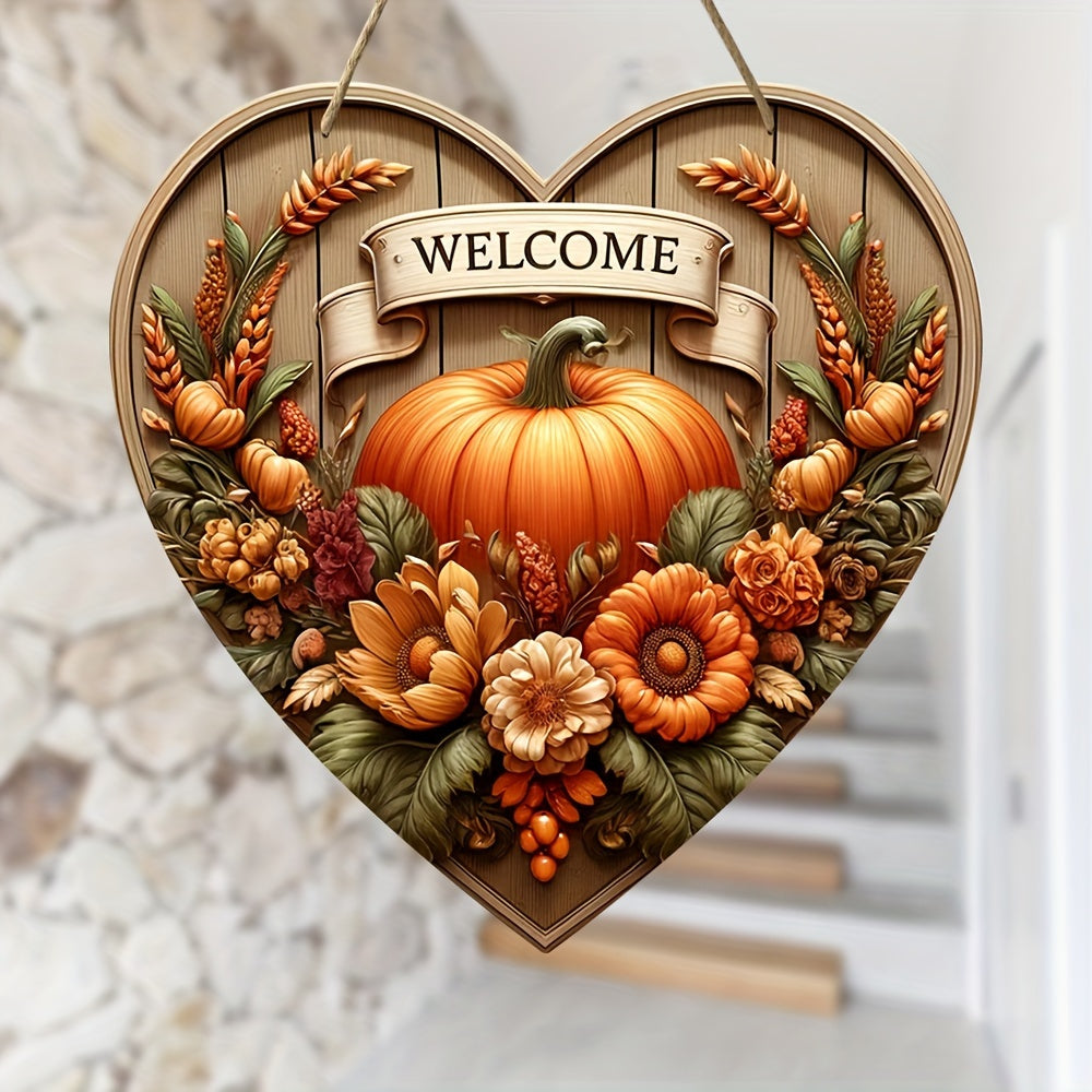 Charming Pumpkin Welcome Sign - 7.9"x7.9" Heart-Shaped Wooden Autumn Harvest Decor for Home, Cafe, Bar, Porch & Farm - Perfect for Fall & Holiday Wall Art