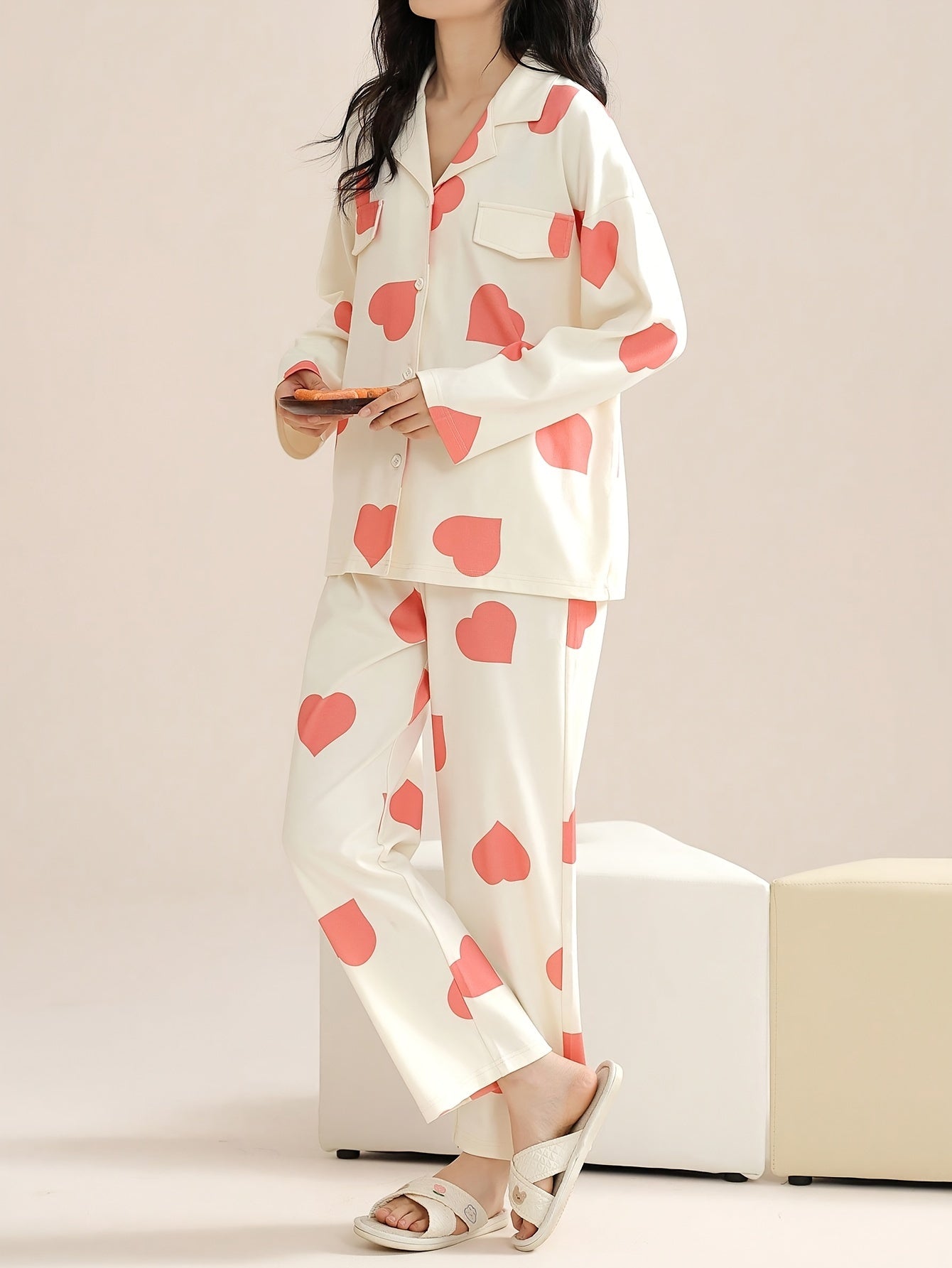 Women's Floral & Stripe Print Elegant Pajama Set, Long Sleeve Buttons Lapel Top & Pants, Comfortable Relaxed Fit For Fall