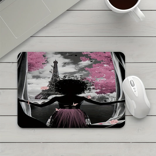 Curtain Paris Themed Mouse Pad with Girl in Pink, Anti-Slip Rubber Oblong Desk Mat, High-Definition Office Computer Accessory with Stitched Edges, 7.87x9.44" Portable Gaming Mousepad - Ideal Gift for Boyfriend/Girlfriend