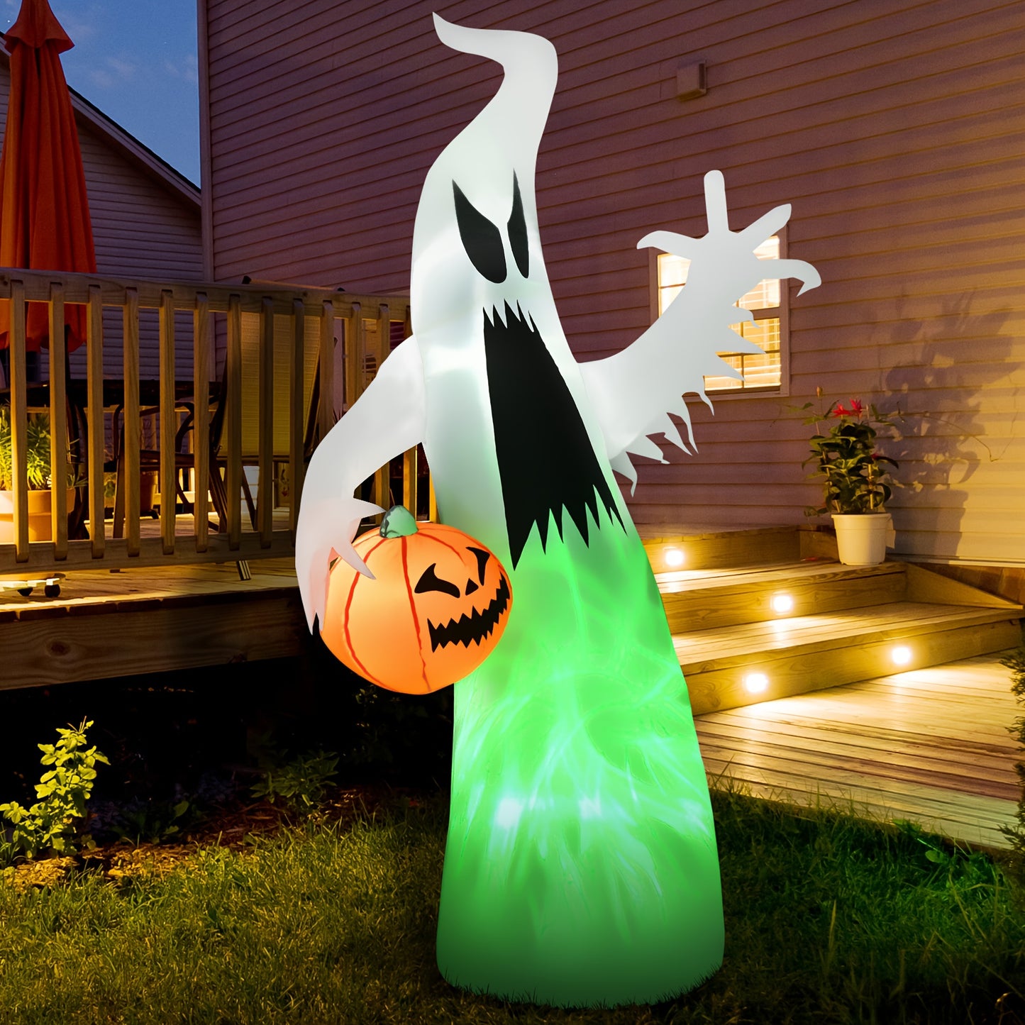 HOMCOM 5.9FT Halloween Inflatable Ghost With Pumpkin Lighted Yard Decoration Indoor Outdoor For Garden Party Holiday