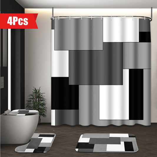 Black White Grey Blue Geometric Shower Curtains Sets Square Creative Lattice Design Modern Waterproof Bathroom Decor with Hooks