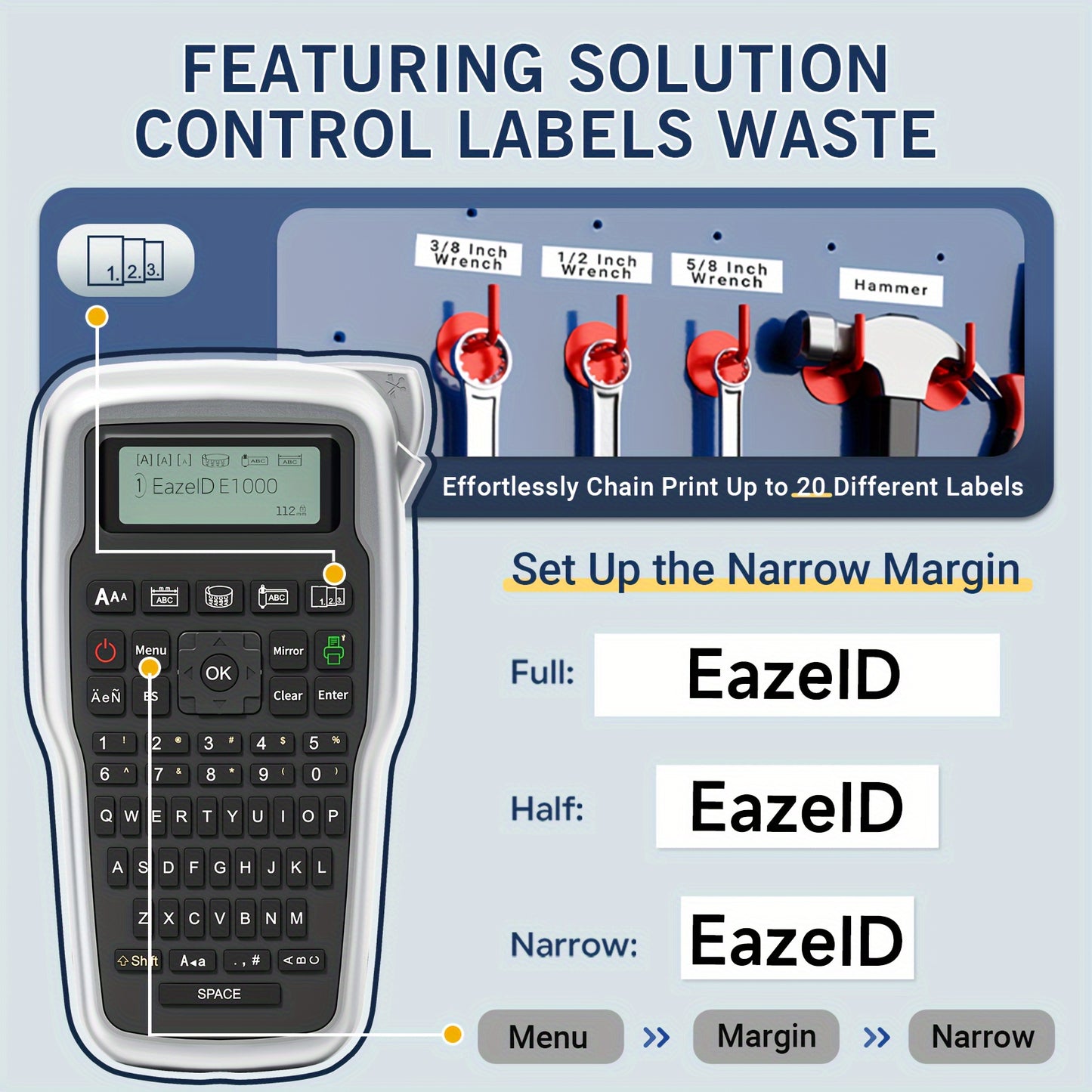 EazeID E1000 Portable Label Maker with QWERTY Keyboard - Industrial-Grade Sticker Printer for Office Organization, Cable Management & Storage - Includes Durable White Tape, Dual Power Options (USB/Battery), Easy Customization