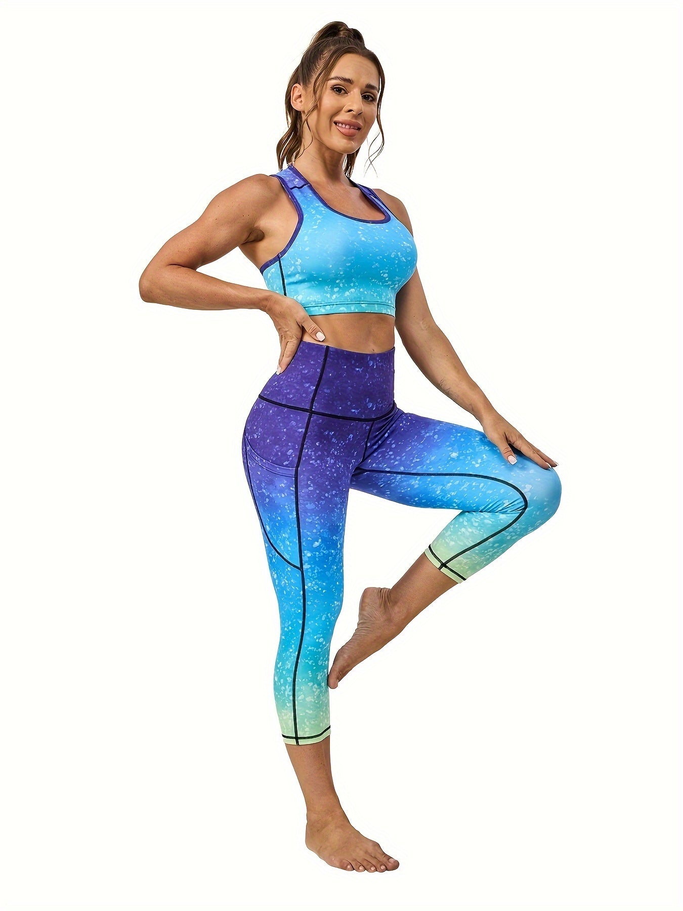 Large Size Seven Quarter Pants Yoga Women's Sports Leggings Printed Leggings Cinched, Lifted Hips High Waist Side Pockets Two Piece Set