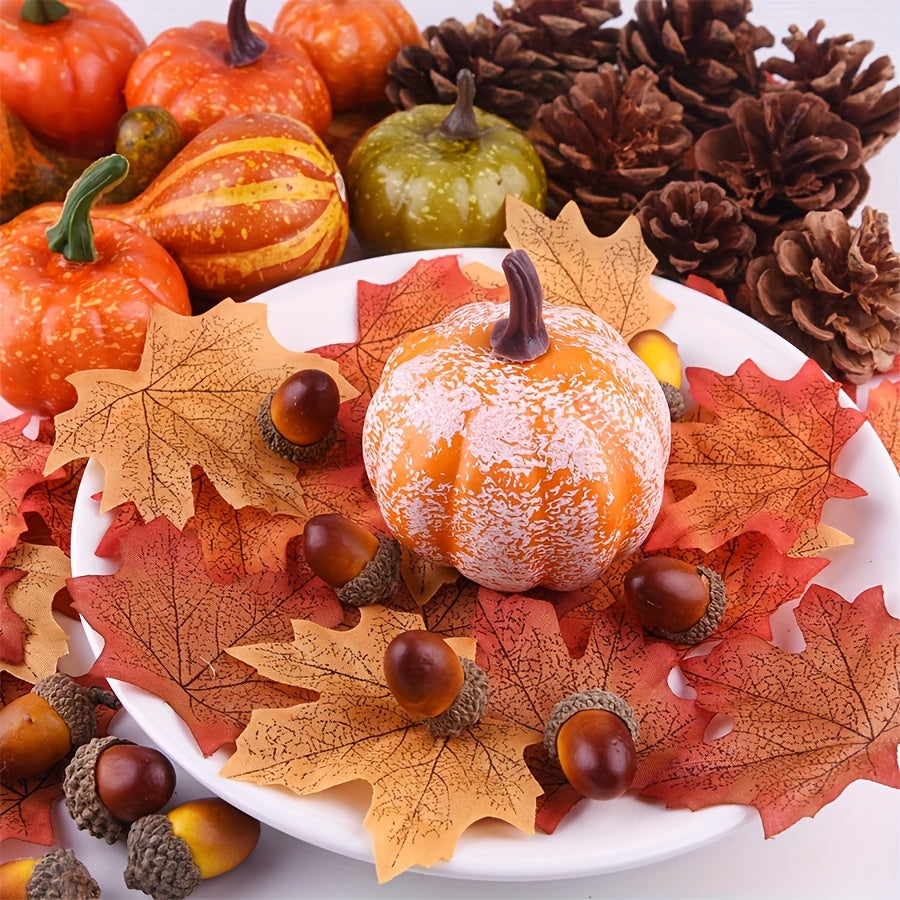 96 Piece Classic Style Autumn Decor Set - Plastic Faux Pumpkins, Gourds, Sunflowers, Acorns, Maple Leaves - Versatile Tabletop Decorations for Halloween, Thanksgiving, Christmas, Easter, New Year