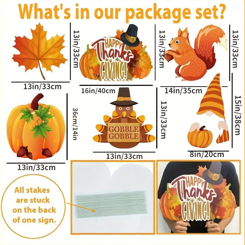 Festive Thanksgiving Yard Signs: 6-Piece Autumn Lawn Decoration Set - Maple Leaf, Squirrel, Turkey, Dwarf, Pumpkin, and Gnome - Corrugated Outdoor Decorations for Thanksgiving and Fall