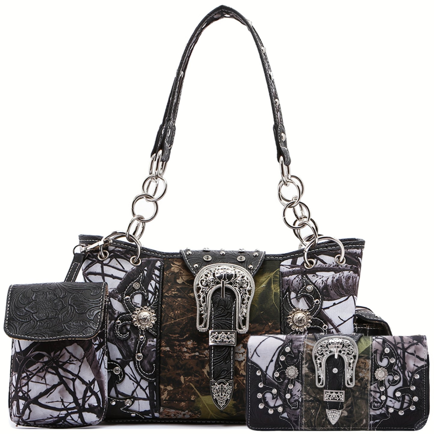 Western Style Camouflage Handbag, Concho Buckle Tooled Floral Country Studs Crossbody Women's Tote, Shoulder Bag, Purse Set