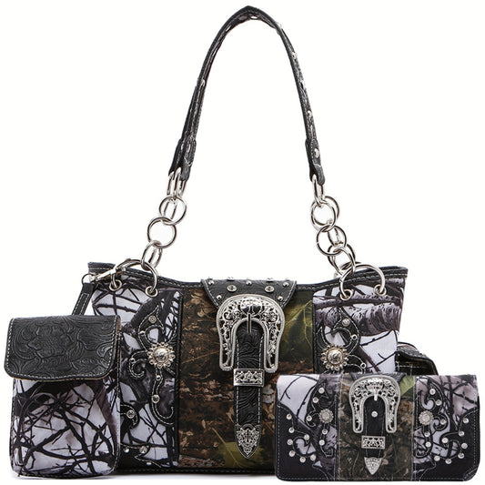 Western Style Camouflage Handbag, Concho Buckle Tooled Floral Country Studs Crossbody Women's Tote, Shoulder Bag, Purse Set