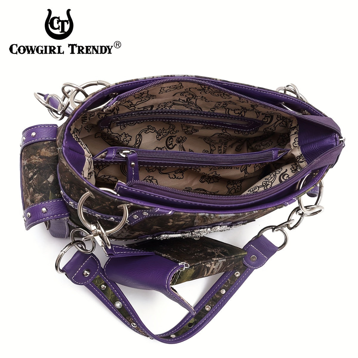 Camouflage Cross Wings Western Style Studded Handbag Tooled Purse Country Women Shoulder Bag Pouch Wallet Set