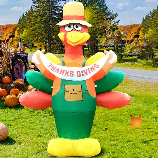 8FT Thanksgiving Inflatables Decorations, Blow Up Turkey as Farmer Decor with Colorful Tail and Banner, Happy Décor Outdoor Built-in LED Lights Yard Lawn Garden Autumn Holiday Harvest