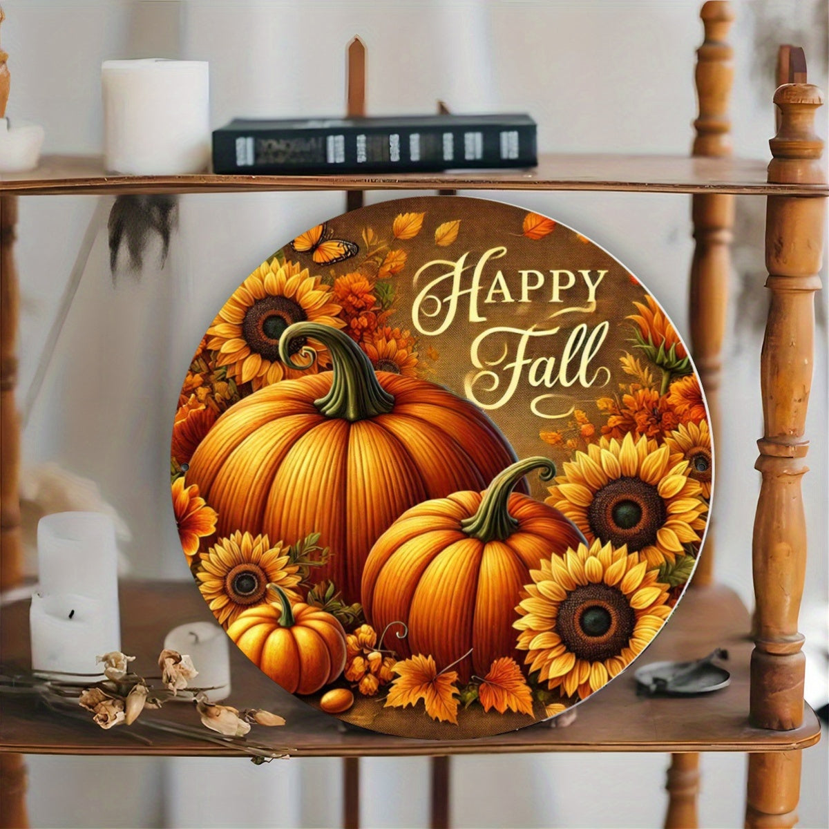 Autumn Pumpkin and Sunflower Metal Art Sign Set - Happy Fall 2D Printed Decorative Plaques, Iron Wall Decor for Home, Porch, Garden, Living Room, Gift Set, 8x8 Inches - Pack of 1