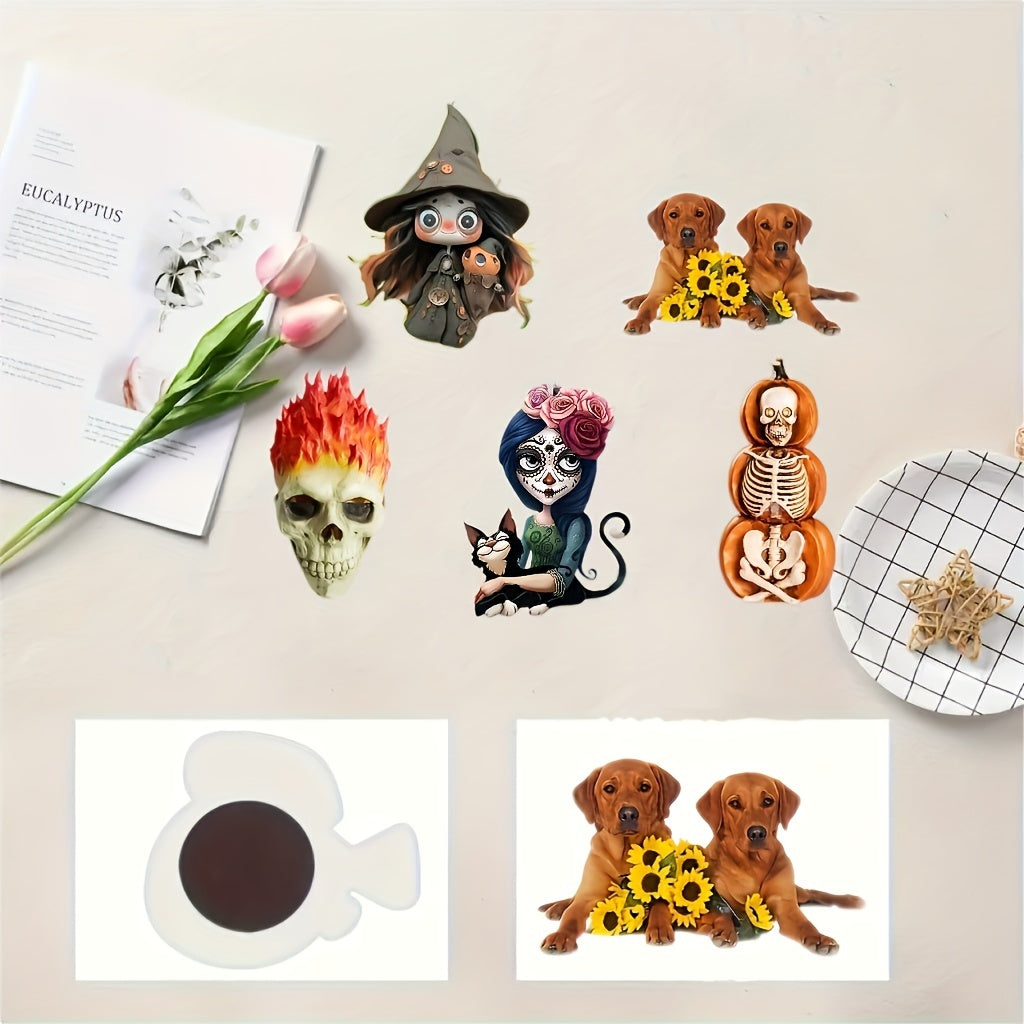 Halloween & Christmas Decorations Acrylic Magnets Set of 5 - Flame Skull, Dogs with Sunflowers, Witch Mushroom, Pumpkin, and Black Cat - No Battery Required, Perfect for Refrigerator, Office & Home