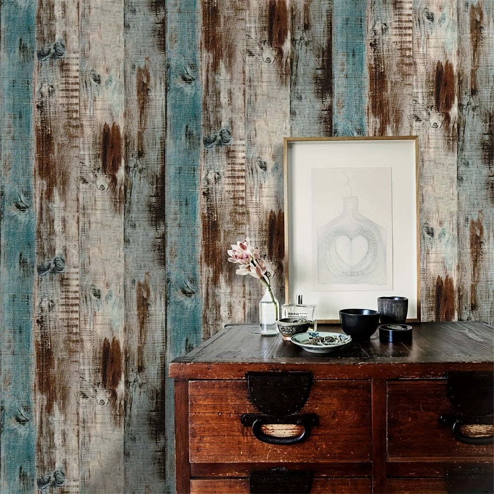 1pc, Blue Brown Wood Contact Paper, Wood Peel And Stick Wallpaper, Wood Wall Paper Removable, Self Adhesive Faux Rustic Wood Contact Paper Grain Texture Vintage Reclaimed