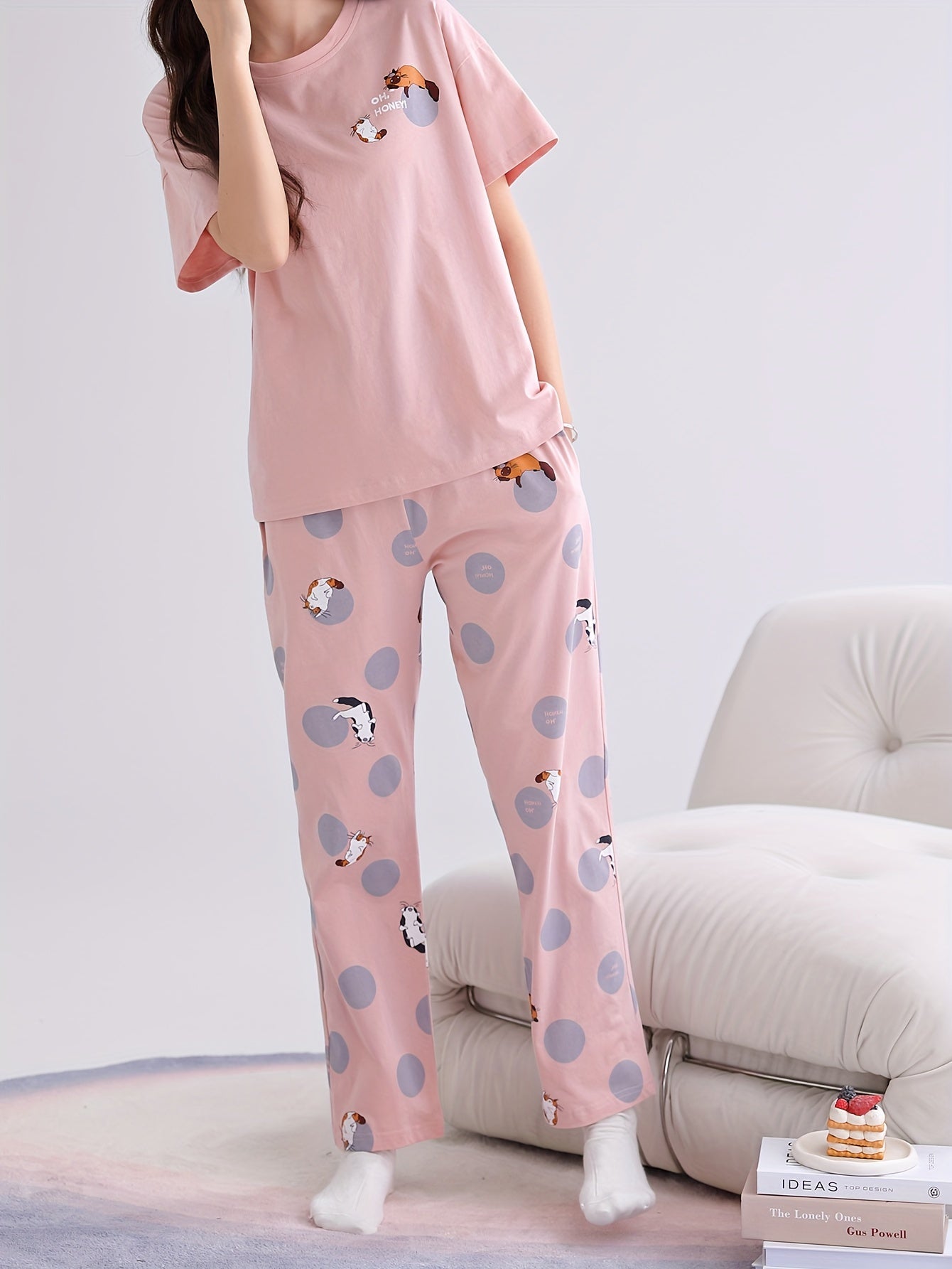 Cute Cat & Dot & Letter Print Lounge Set, Short Sleeve Round Neck Top & Elastic Pants, Women's Loungewear