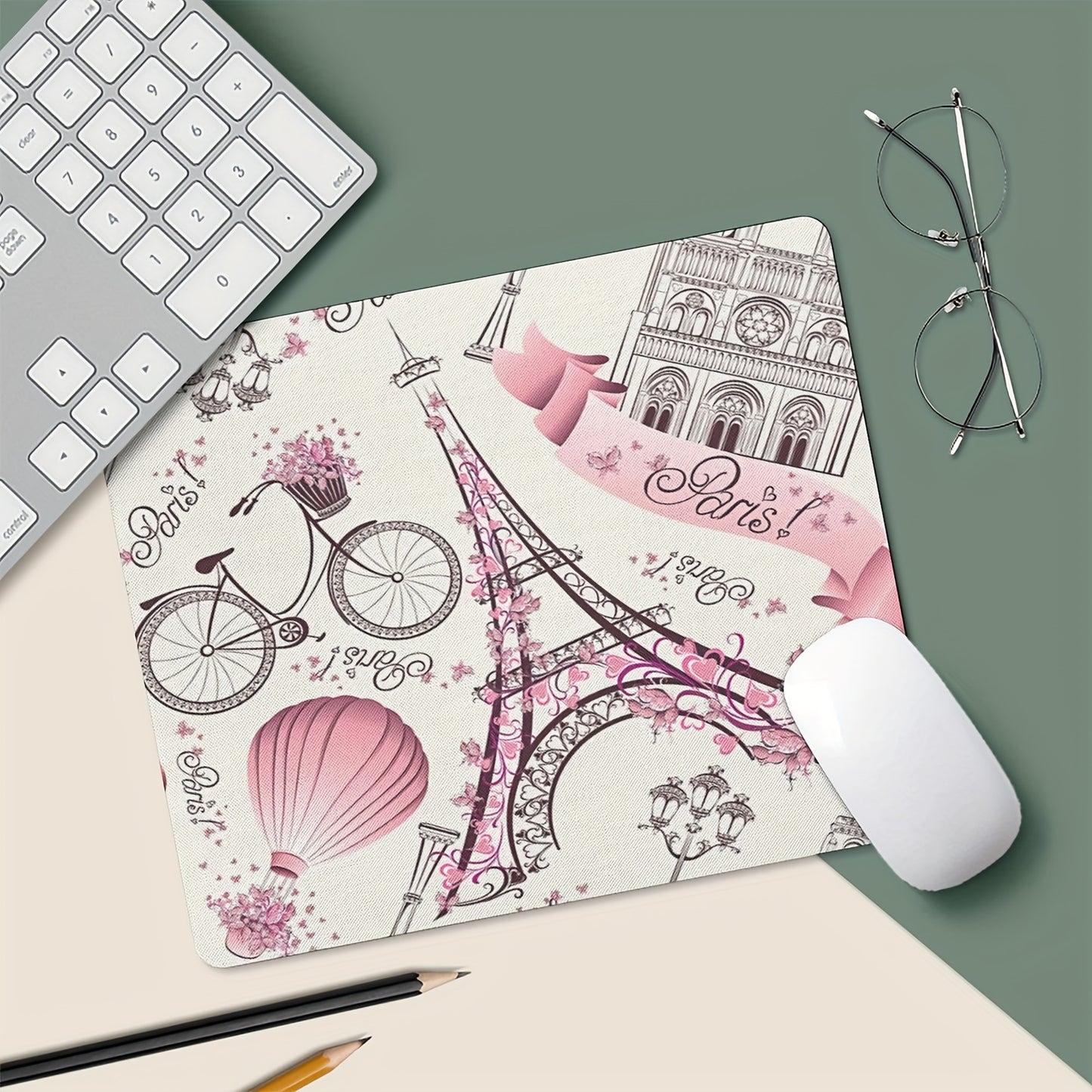 Love Paris Vintage Floral Eiffel Mouse Pad Thickened 9.45 * 7.9 Inches 3mm Thick Computer Anti-skid Rubber Mouse Pad