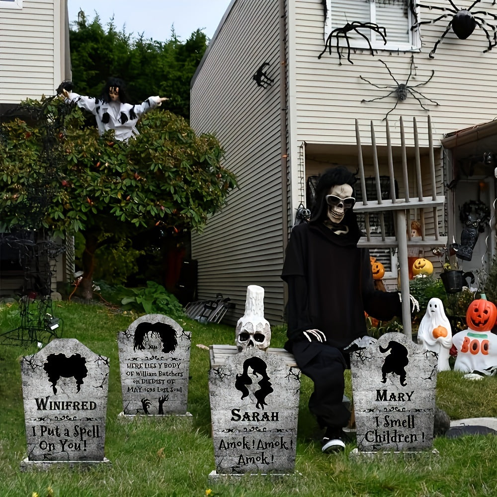 Spooky Halloween Witch Graveyard Decor Set of 4 - 16" Tall Realistic Tombstone Stakes with Stand for Outdoor Yard & Home Party