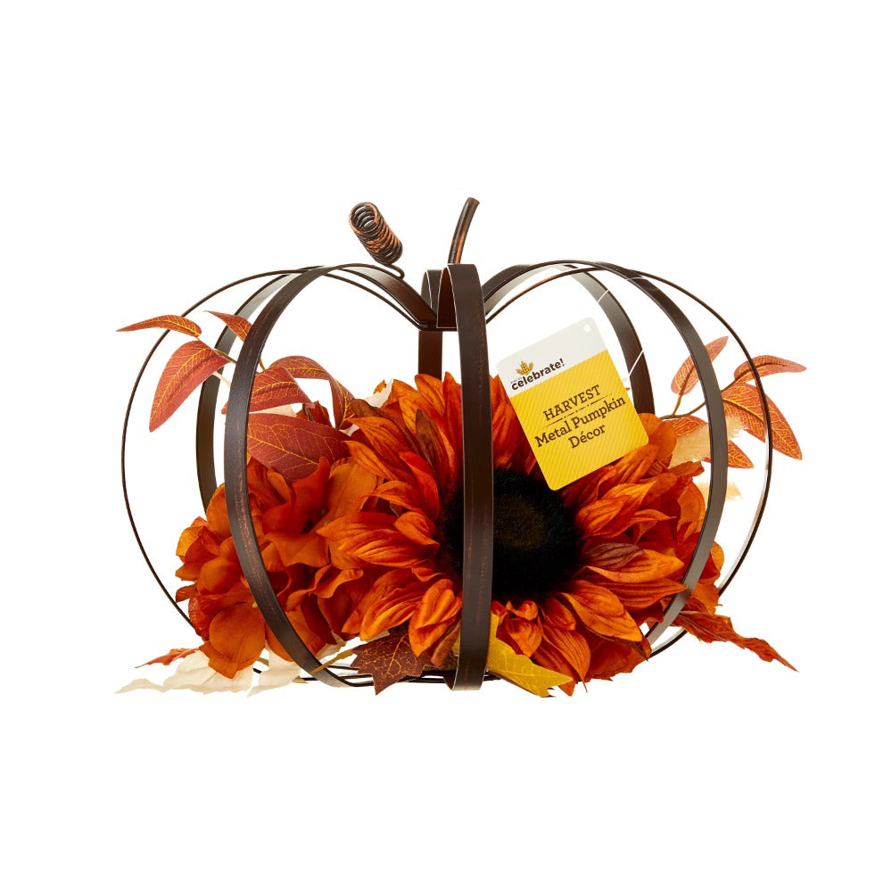 Harvest Metal Frame Pumpkin with Sunflower Indoor Decoration, 8"