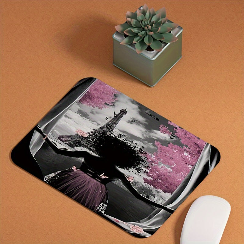 Curtain Paris Themed Mouse Pad with Girl in Pink, Anti-Slip Rubber Oblong Desk Mat, High-Definition Office Computer Accessory with Stitched Edges, 7.87x9.44" Portable Gaming Mousepad - Ideal Gift for Boyfriend/Girlfriend