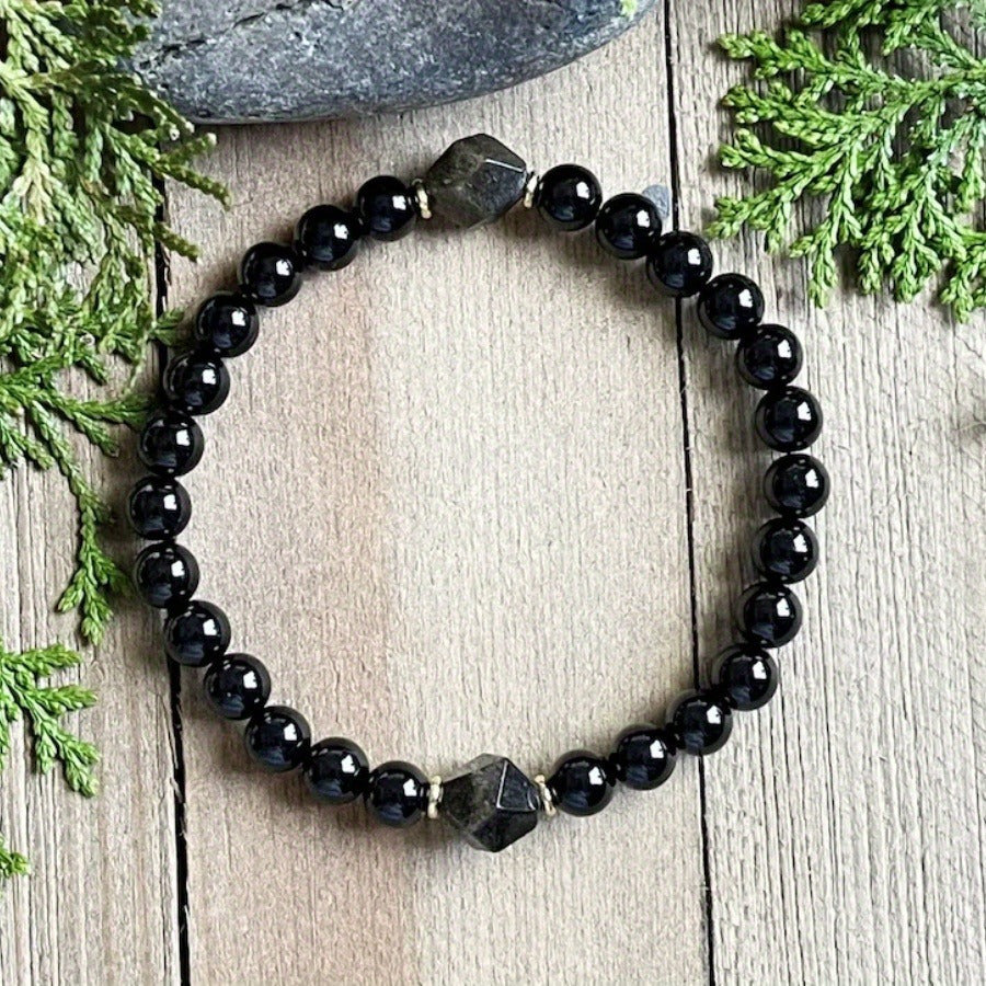 Women's natural stone protection bracelet 8mm bead black tourmaline gold obsidian bracelet holiday gift