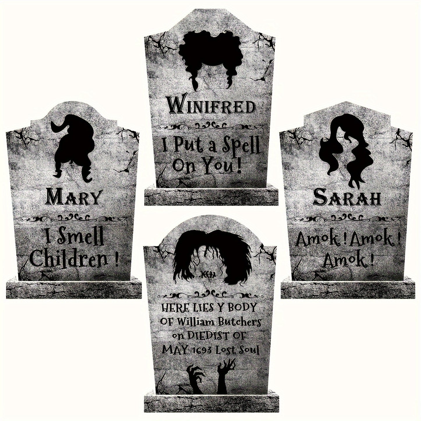 Spooky Halloween Witch Graveyard Decor Set of 4 - 16" Tall Realistic Tombstone Stakes with Stand for Outdoor Yard & Home Party