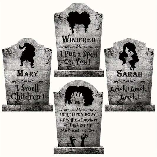 Spooky Halloween Witch Graveyard Decor Set of 4 - 16" Tall Realistic Tombstone Stakes with Stand for Outdoor Yard & Home Party