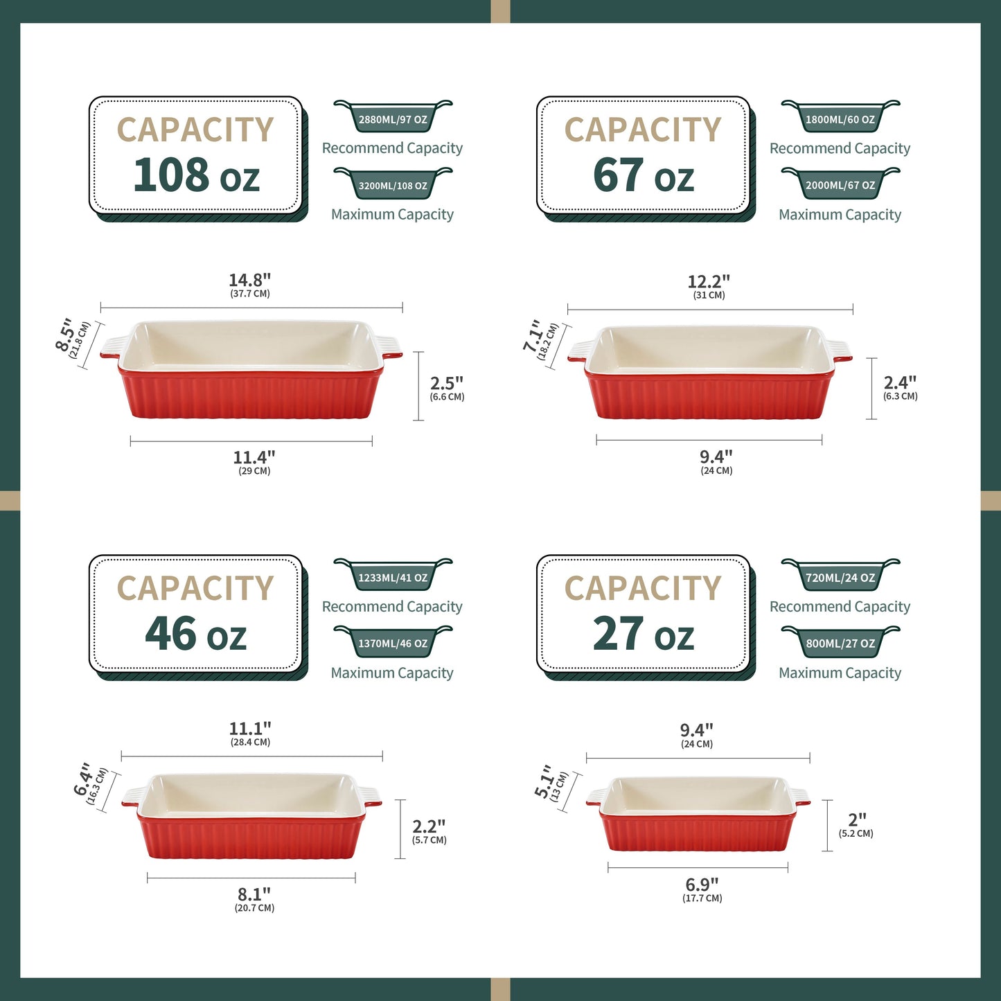 Rectangular Baking Dish Set Of 4 (9"/11"/12"/14"), Oven To Table Baking Dish With Ceramic Handles Ideal For Lasagne/Pie/Casserole/Tapas, Red