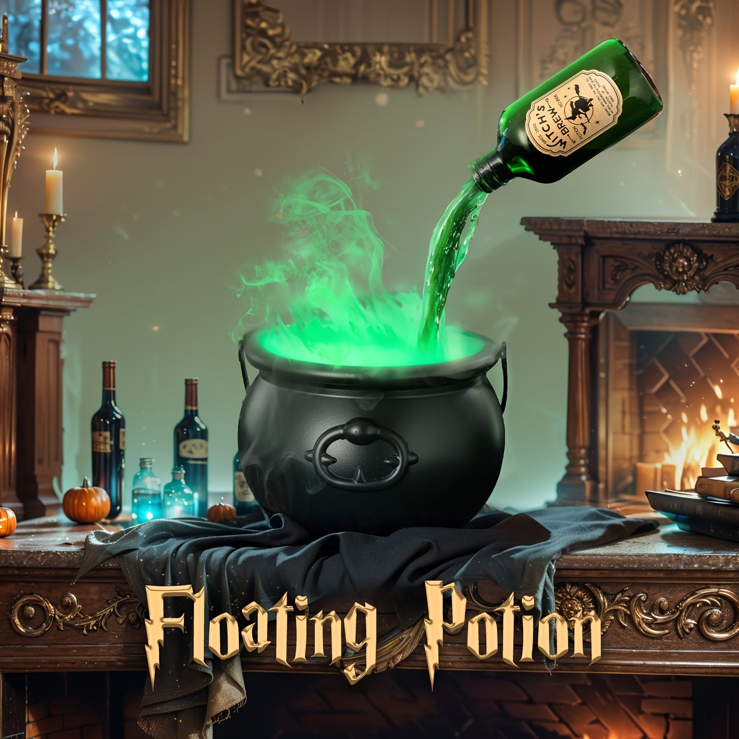 Indoor Halloween Decorations - Witches Cauldron With Magic Bottles & Fog Maker - Halloween Party Decor For Home Room Mantel Table Gifts