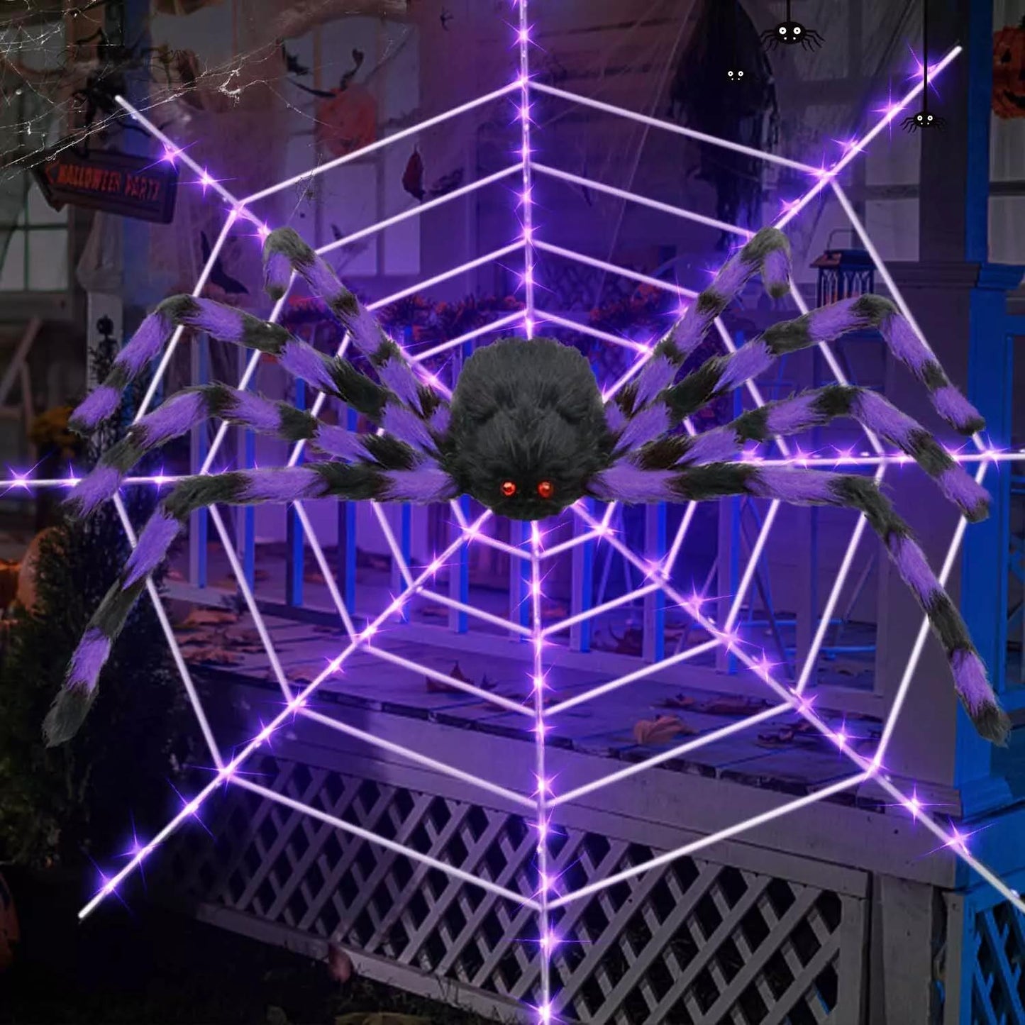 Halloween Giant Spider with Web Light Up Purple Web Decoration 11.8ft Circular Cobweb with LED Light for Halloween Party