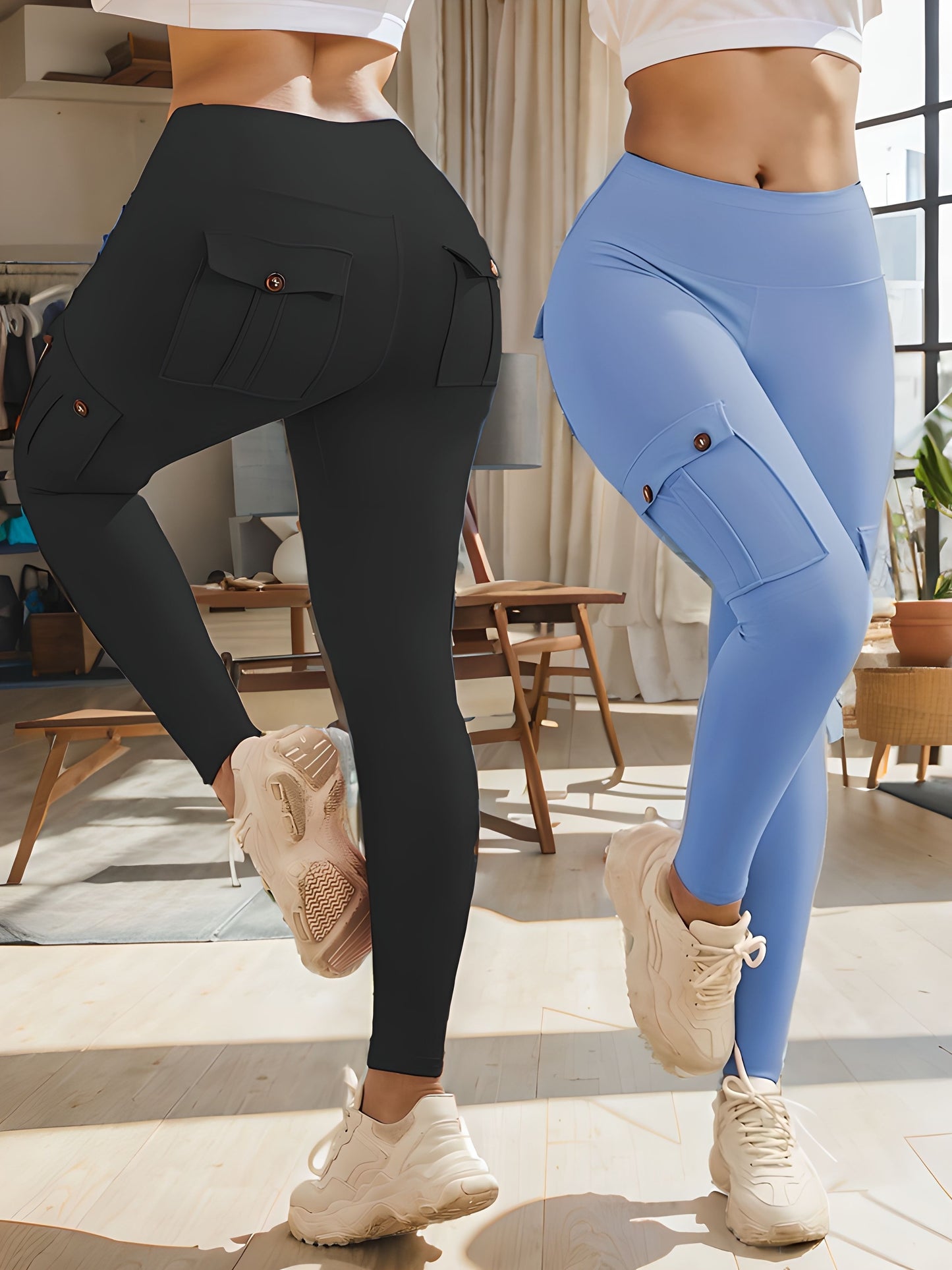 2-Pack High Waist Yoga Leggings With 4 Buttoned Pockets, Tummy Control, Lift Butt, Fitness Pants For Running And Gym