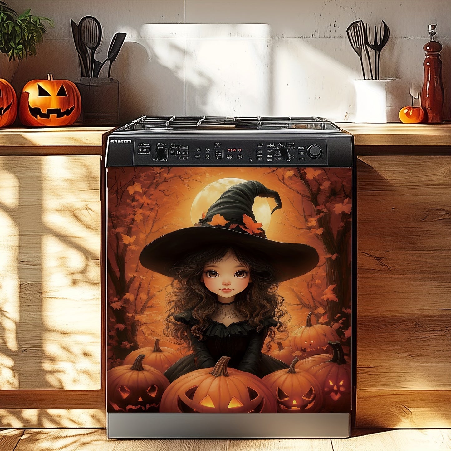 Halloween Witch Refrigerator Magnet - Durable Rubber Rectangle Magnet Sheet for Dishwasher, Oil-Proof & Easy to Clean Kitchen Appliance Decor, Cute Witch & Pumpkin Design, Dishwasher Safe, 23.03x25.59inch