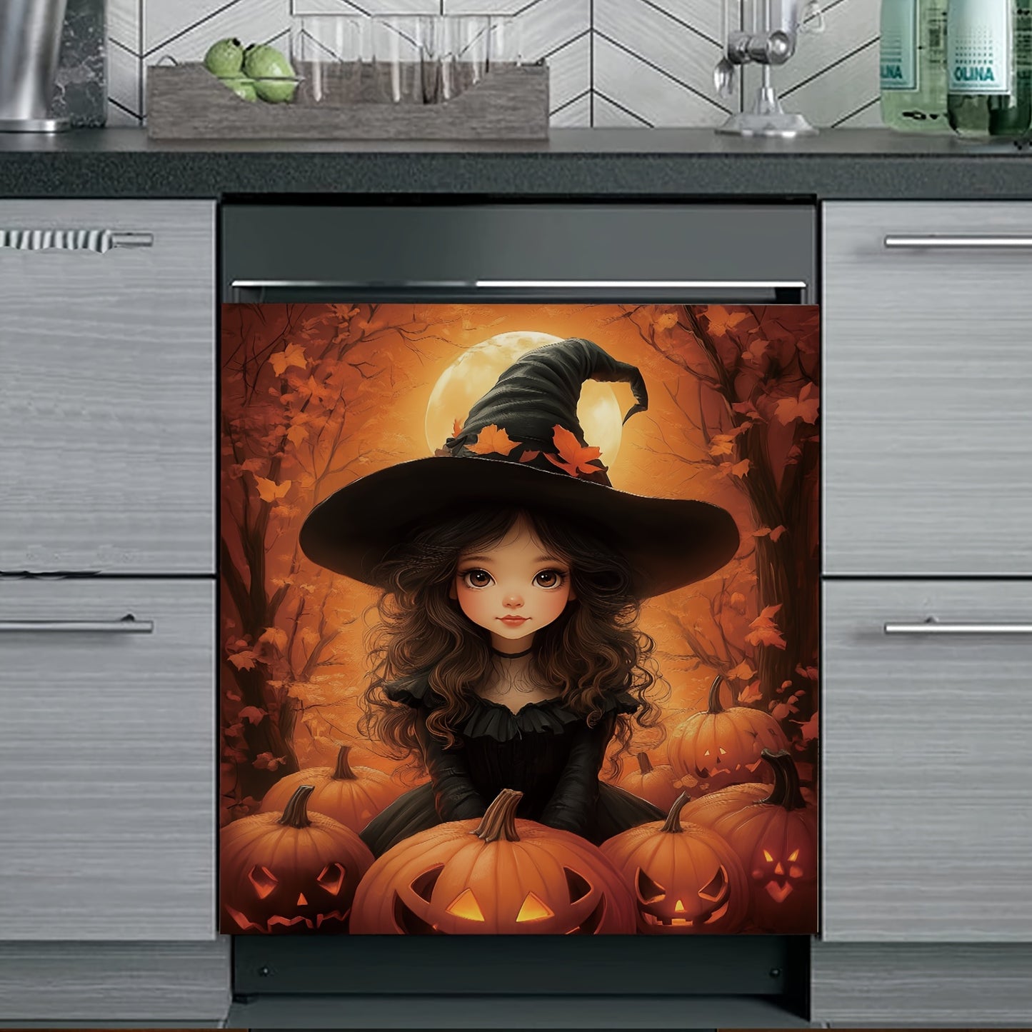 Halloween Witch Refrigerator Magnet - Durable Rubber Rectangle Magnet Sheet for Dishwasher, Oil-Proof & Easy to Clean Kitchen Appliance Decor, Cute Witch & Pumpkin Design, Dishwasher Safe, 23.03x25.59inch