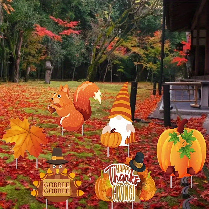 Festive Thanksgiving Yard Signs: 6-Piece Autumn Lawn Decoration Set - Maple Leaf, Squirrel, Turkey, Dwarf, Pumpkin, and Gnome - Corrugated Outdoor Decorations for Thanksgiving and Fall