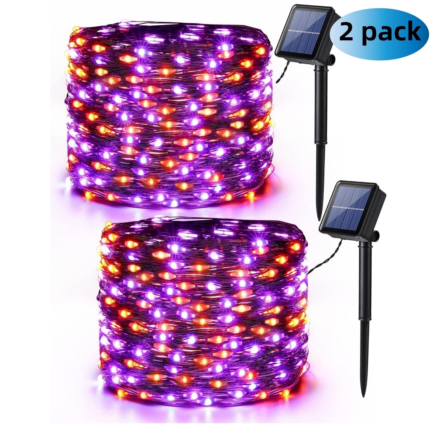 2 Pack Orange & Purple Halloween Lights, Total 69ft 240 LED Orange Lights, Purple Solar Halloween Lights 8 Modes, Outdoor Twinkle Orange Halloween String Lights For Halloween Party DIY Decor, Black Wire