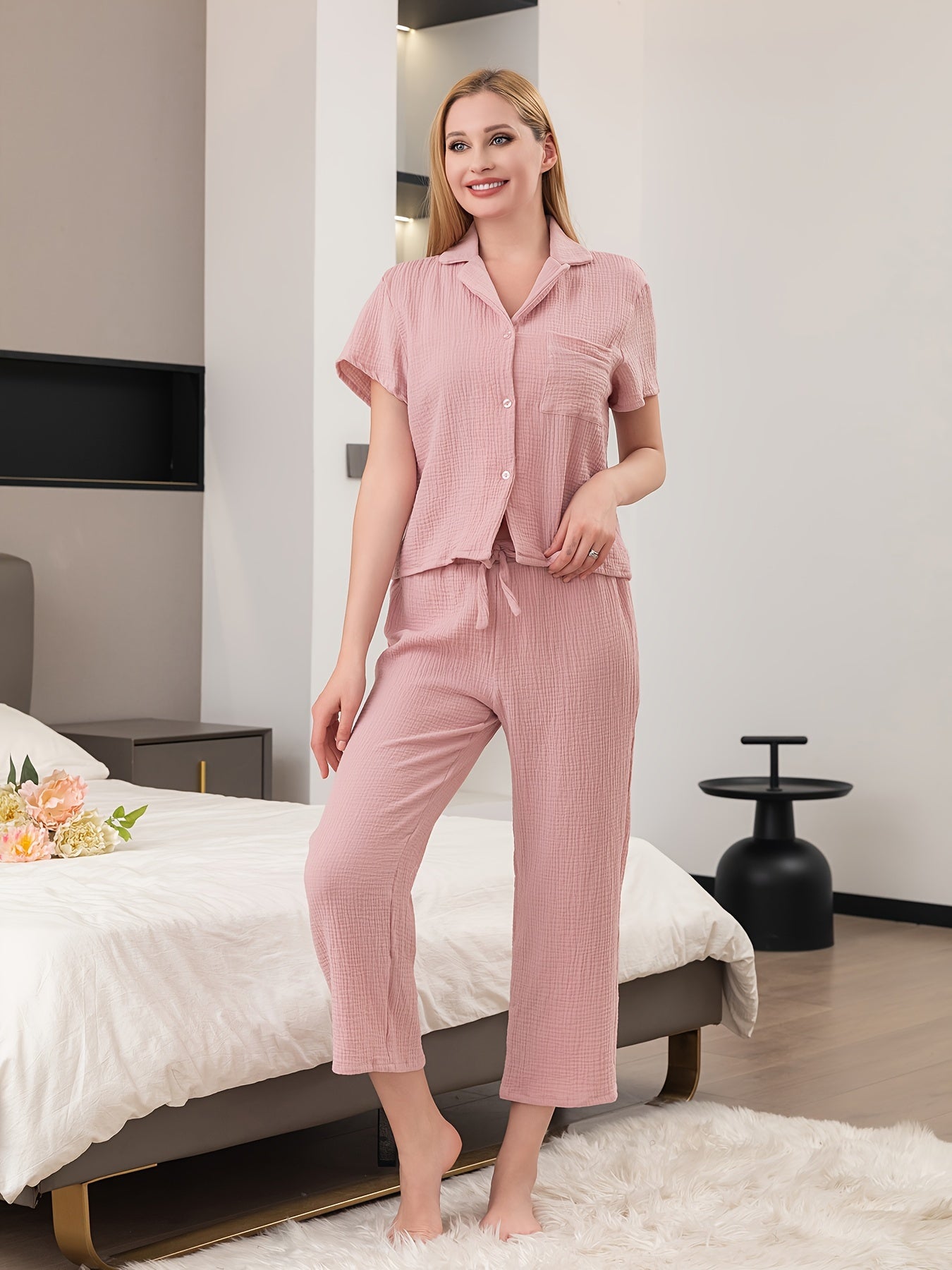 Women's Solid Textured Casual Pajama Set, Short Sleeve Buttons Lapel Top & Capri Pants, Comfortable Relaxed Fit