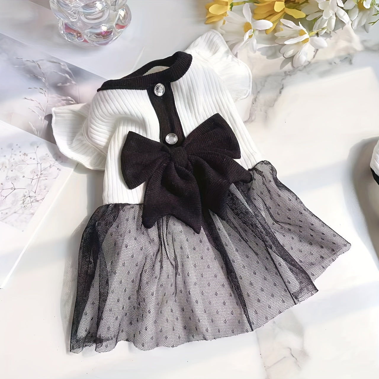 Black Bow Dog Dress And Vest, Striped Pet Clothes With Tulle Accents, Small To Medium Size Dog Outfit For Daily Wear And Special Occasions