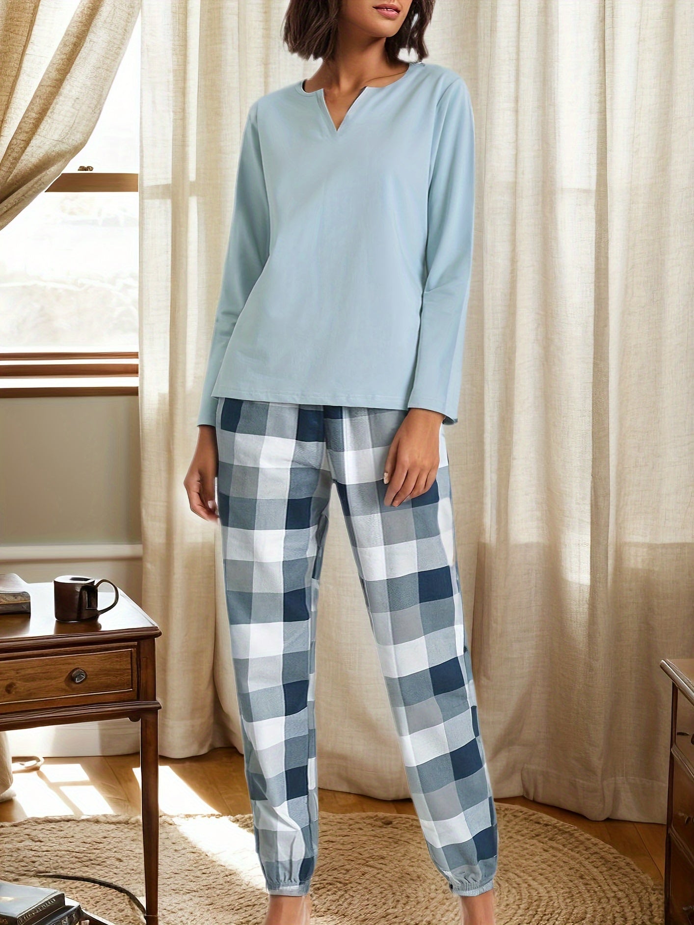 Women's Long Sleeve Solid Top And Plaid Pajama Pants Set, Elegant Cozy Sleepwear Set For Fall & Winter