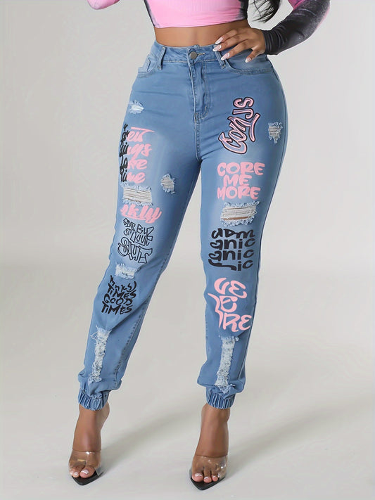 2024 New Letter Print Slant Pocket Ripped Jeans Casual Jeans Women