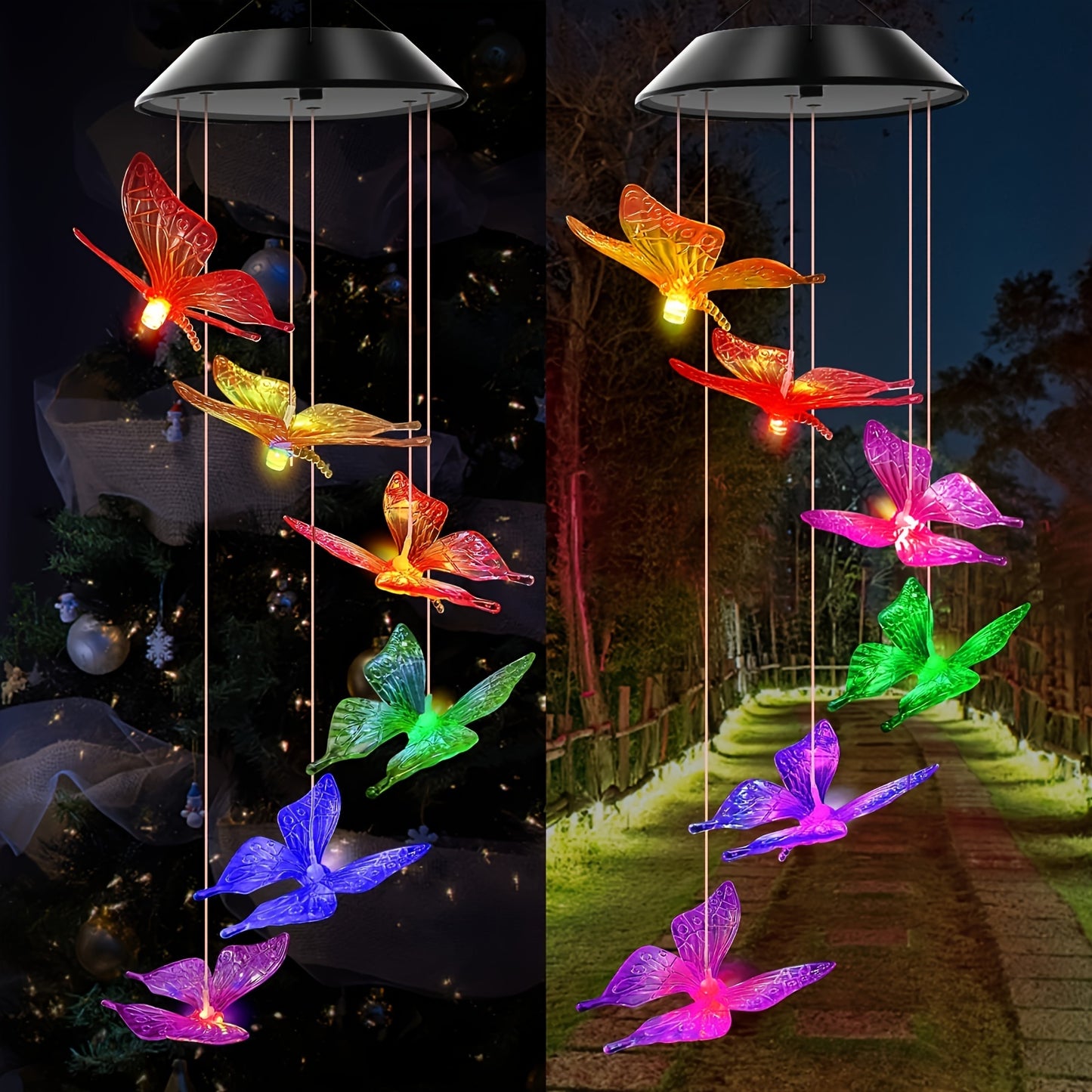 1pc Solar LED Purple Yellow Butterfly Wind Chime Light, Hanging Lamp, Yard Garden Night Light Balcony Decoration, No Electricity Cost Or Wiring Needed