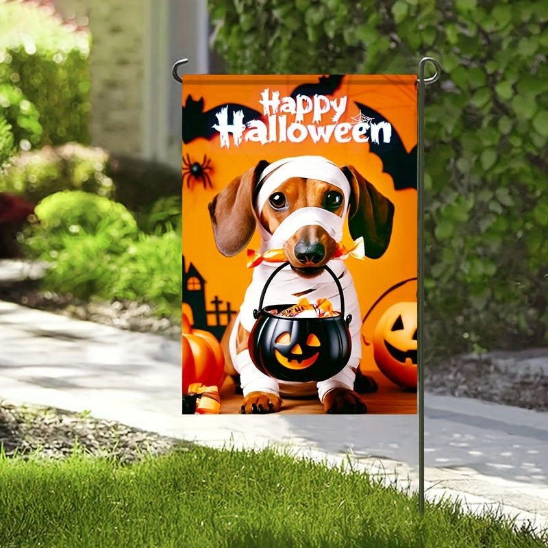 1pc Polyester Double-Sided Garden Flag, Halloween Mummy Dachshund Design, Outdoor Welcome Sign - Durable, Weather-Resistant Fabric, Ideal for Patio, Yard, Seasonal Decor, Pet Enthusiasts - 12x18 Inches (Pole Not Included)