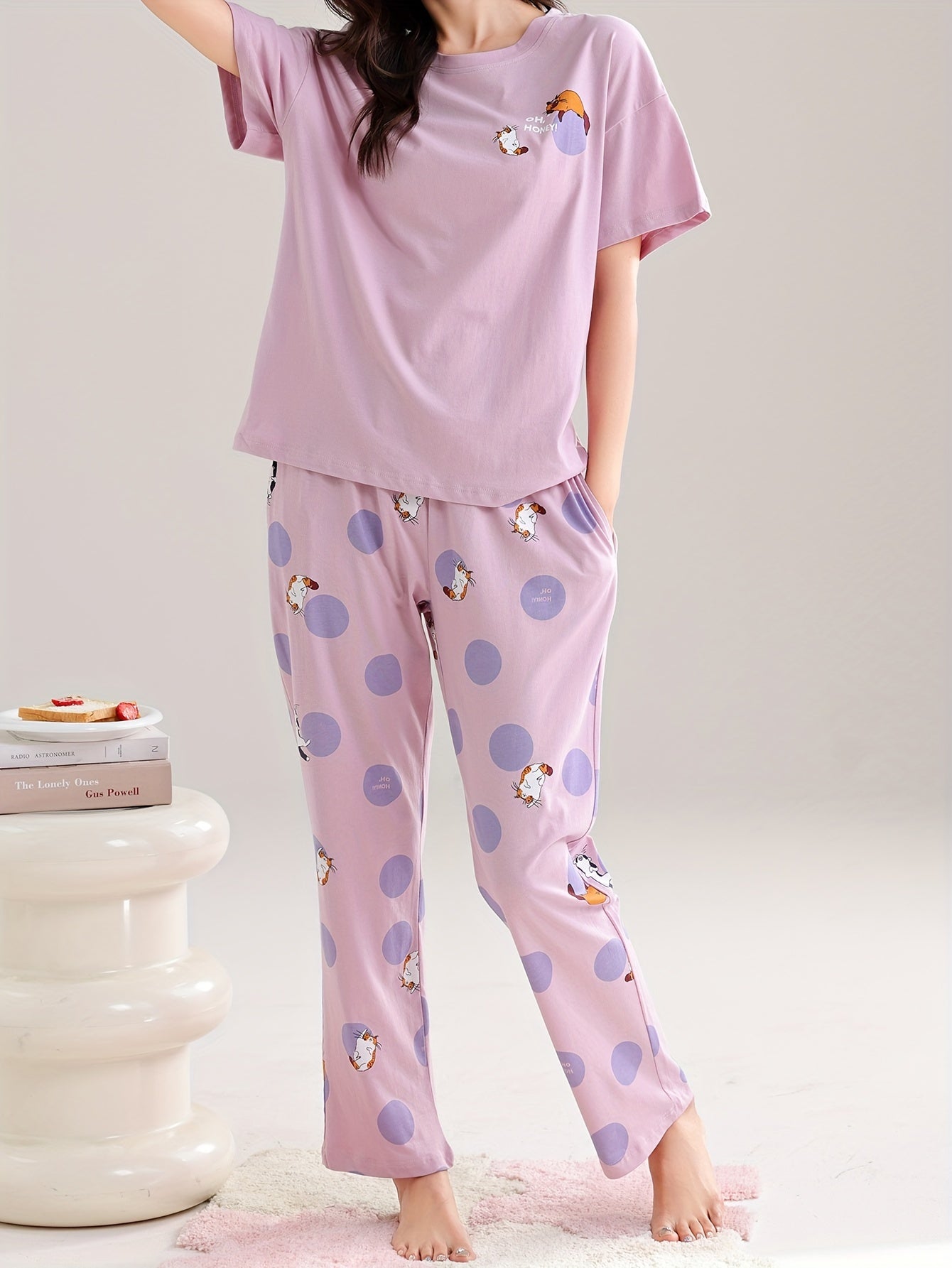 Women's Cute Cat & Polka Dot Print Lounge Set, Short Sleeve Round Neck Top & Pants, Comfortable Relaxed Fit