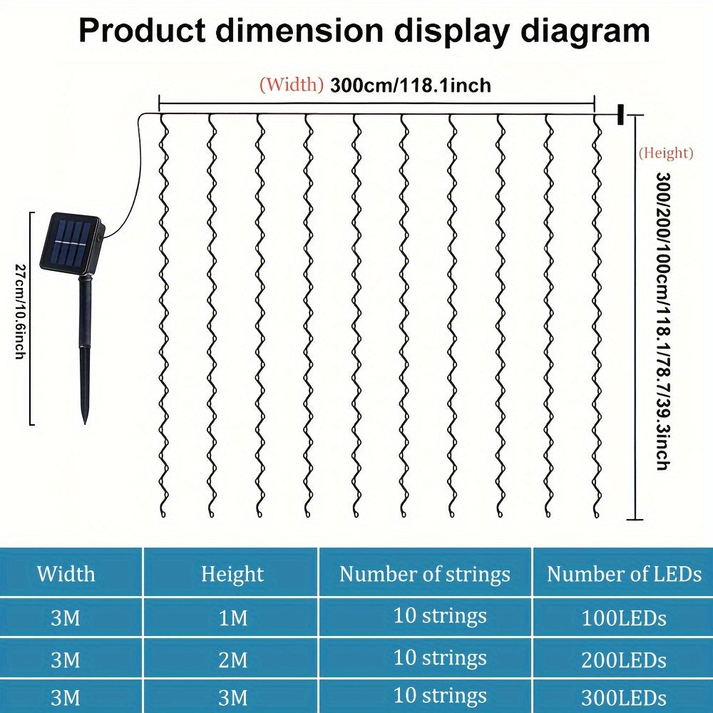 1 Pack 100/200/300 LED Solar Curtain String Lights, Outdoor decoration, 8 Lighting Modes Curtain Fairy Lights, Christmas Decorative Lights, Great For Wedding Party, Balcony, Patio, Garden Decoration (Colorful/Warm White/White)