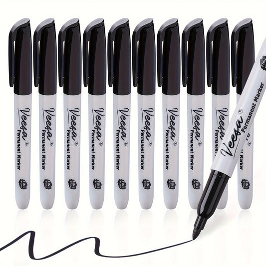 10pcs Waterproof Black Fine Tip Permanent Markers - 10 Count, Quick Drying and Smear Proof