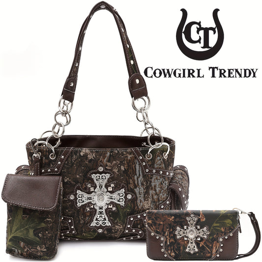 Camouflage Cross Wings Western Style Studded Handbag Tooled Purse Country Women Shoulder Bag Pouch Wallet Set