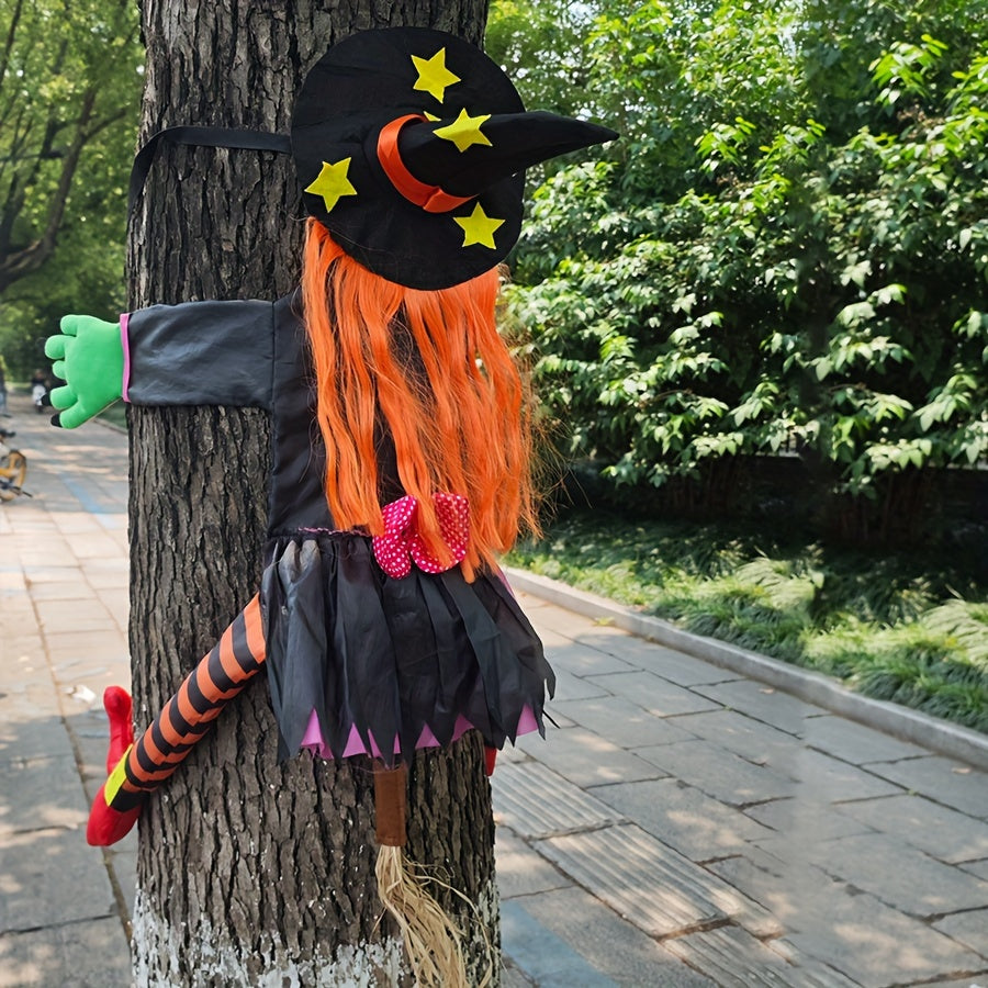 Festive Halloween Tree Climbing Witch with Orange Hair, Outdoor Decoration, Age 14+, Polyester Fabric