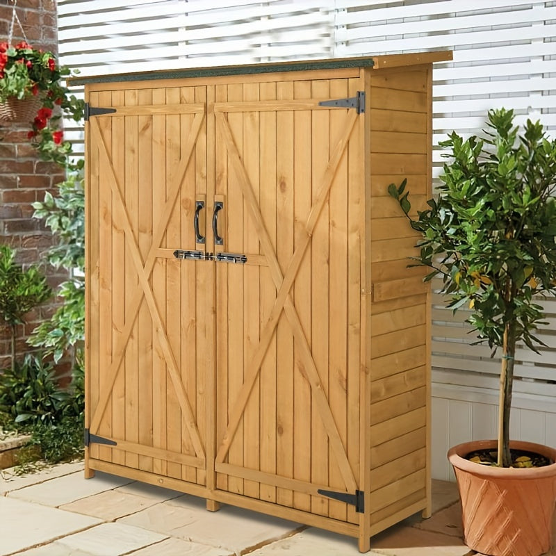 1pc Fir Wood Shed, Garden Storage Shed, Wood Color& Green, Wooden Storage Shed, Garden Tool Storage Cabinet