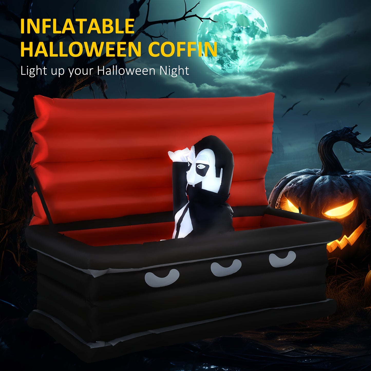 HOMCOM 6FT W Halloween Inflatables Outdoor Decorations Vampire And Giant Coffin, Blow Up LED Yard Decor, For Garden, Lawn, Party, Holiday